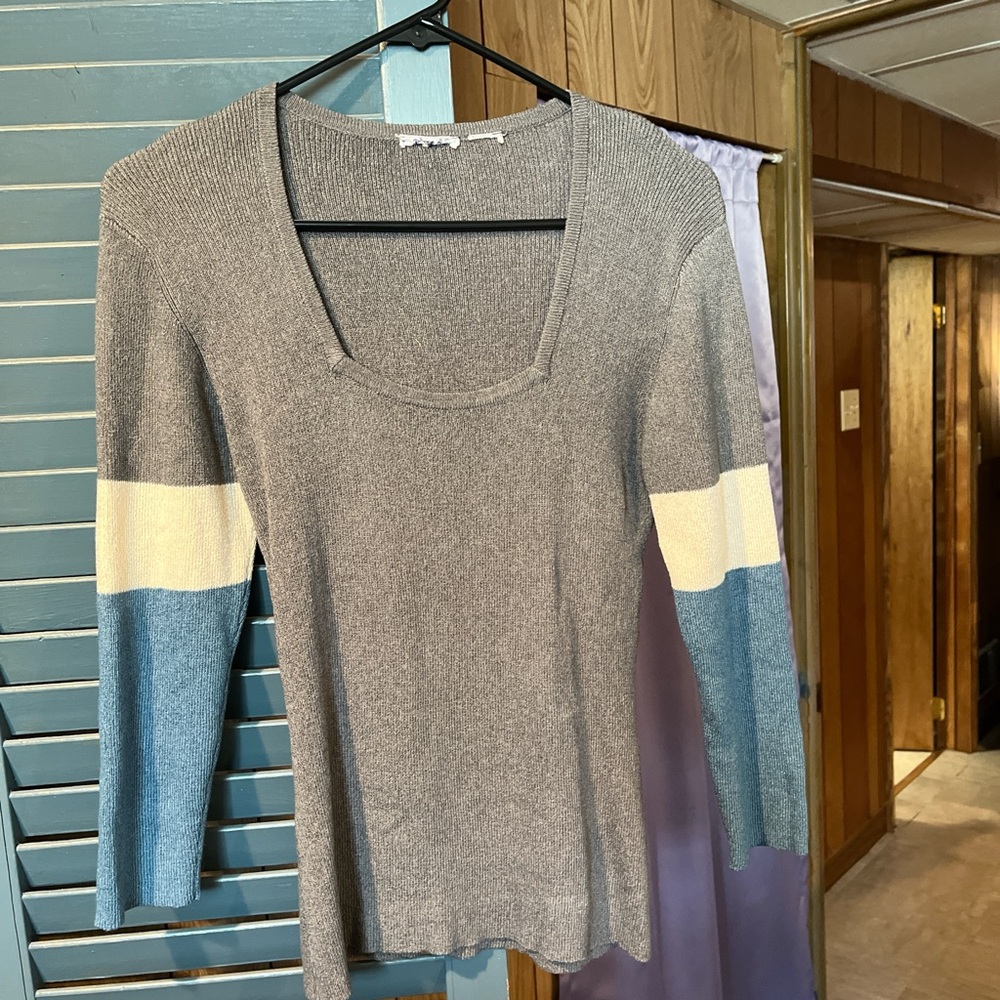 Gray Sweater with Blue and White Stripes